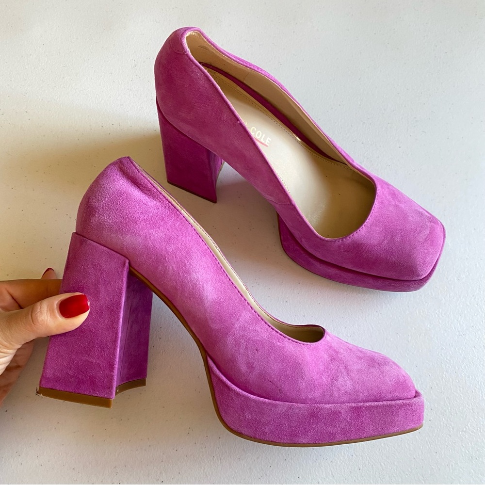 Kenneth Cole Size 7 Bri Lilac Genuine Suede Leather Square Toe Platform Heel